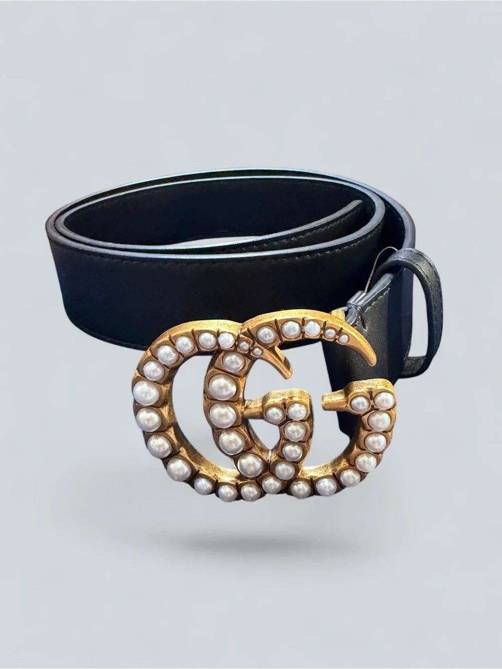 Gucci Black Leather Belt with Gold Pearl Double-G Buckle